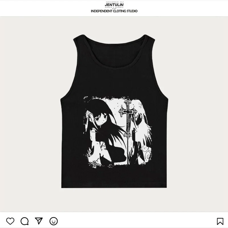 Ästhetische Gothic Punk Anime Grafik Druck Baby T-Shirts Sommer Harajuku ärmellose schlanke Camis Emo Mädchen Crop Tops 2000er Jahre Y2k Kleidung