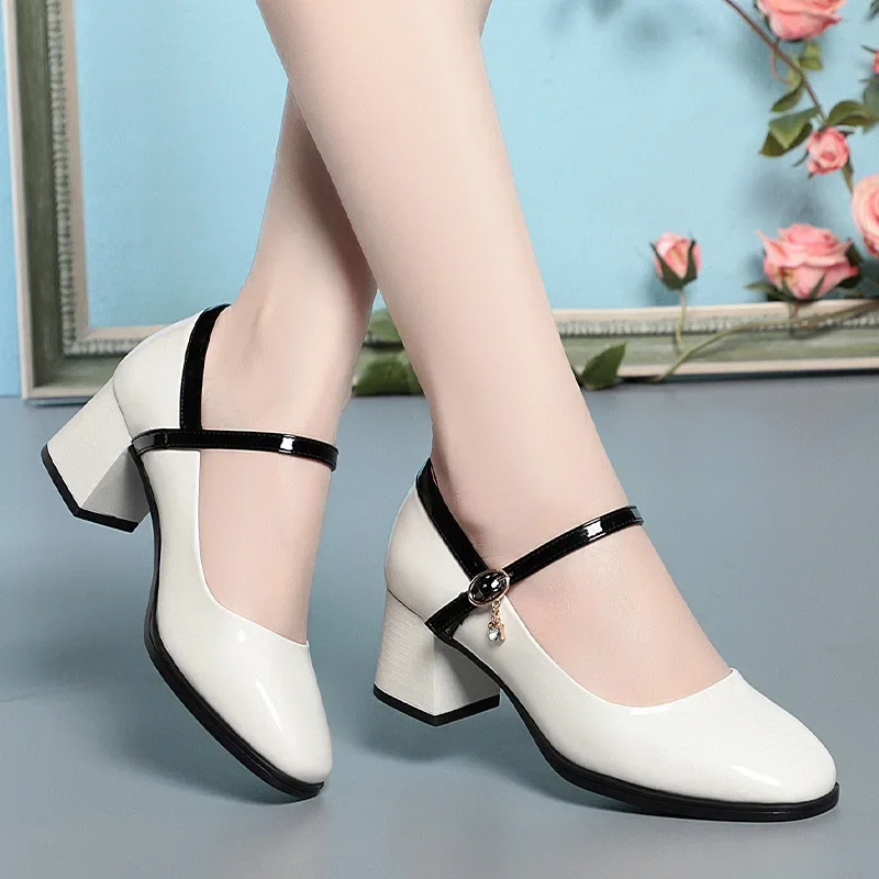 5.5cm Vintage Shallow Bright Leather Mary Janes Women 2024 Spring Med Block Heels Shoes Black Beige for Office Dance Mom