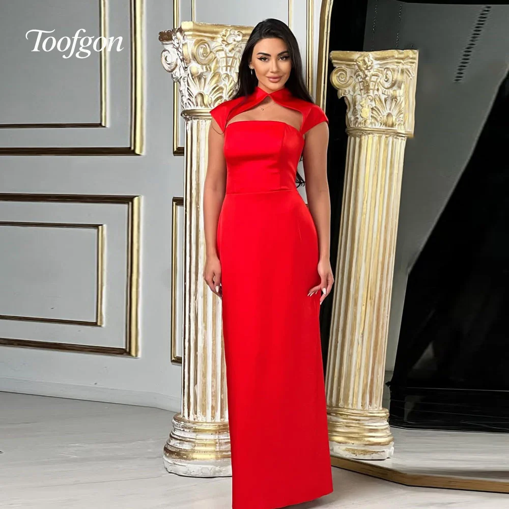 

Toofgon High Cut Out Satin Red Evening Dresses Women Cap Sleeves Long Prom Gown Customized Mermaid Special Occasion Party Dress