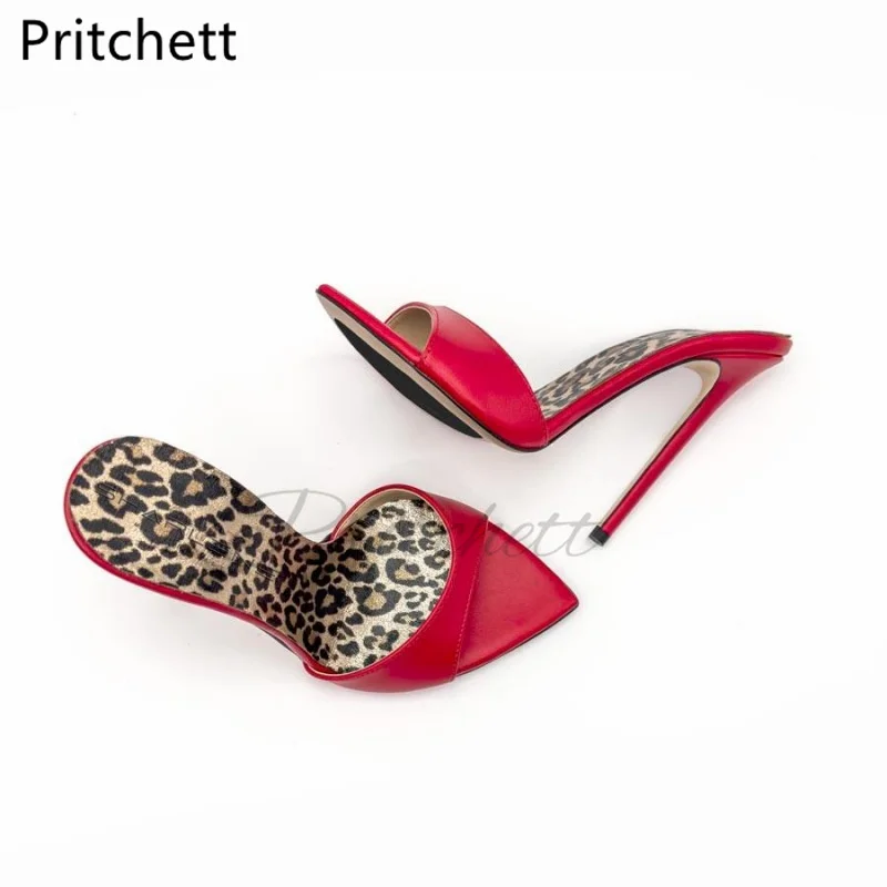 Pointed Toe Leather Leopard -Print Stiletto Slippers Womens' Super High Heeled Runway Shoes Open Toe Fashion Sexy Female Shoes