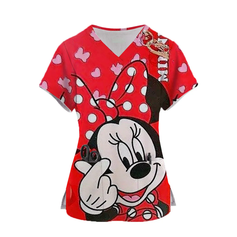 2024 Minnie Mouse T-shirts V Neck Nurse Uniform T-shirt Mickey Top Women Pocket Woman Clothes Hospital Summer Tops Disney Tees