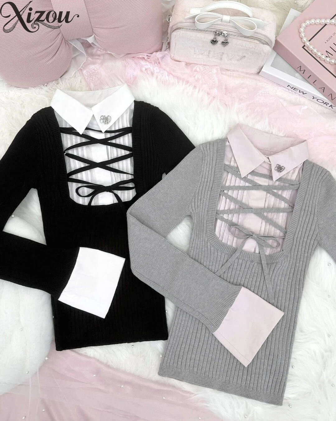 

Japanese Style Girls Fake Two-Piece Shirt Collar Tie Knitted Sweater Autumn Winter Slim Waist Pullover Sweaters Top Women
