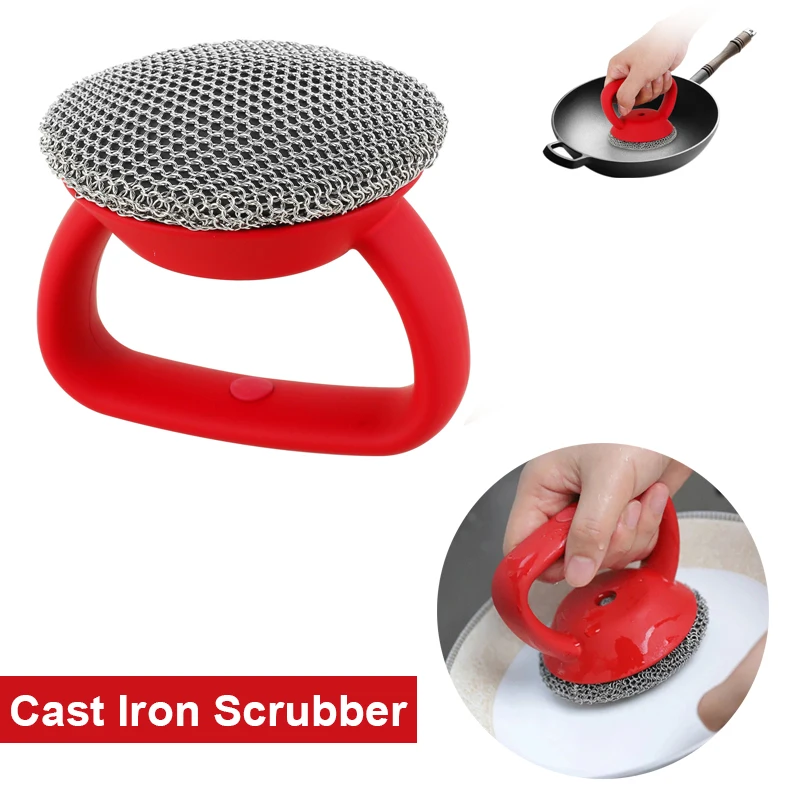 Cast Iron Scrubber Stainless Steel Round Chainmail Scrubber Brush Anti-Rust Cleaning Pots Tool to Clean Cookware Frying Pans