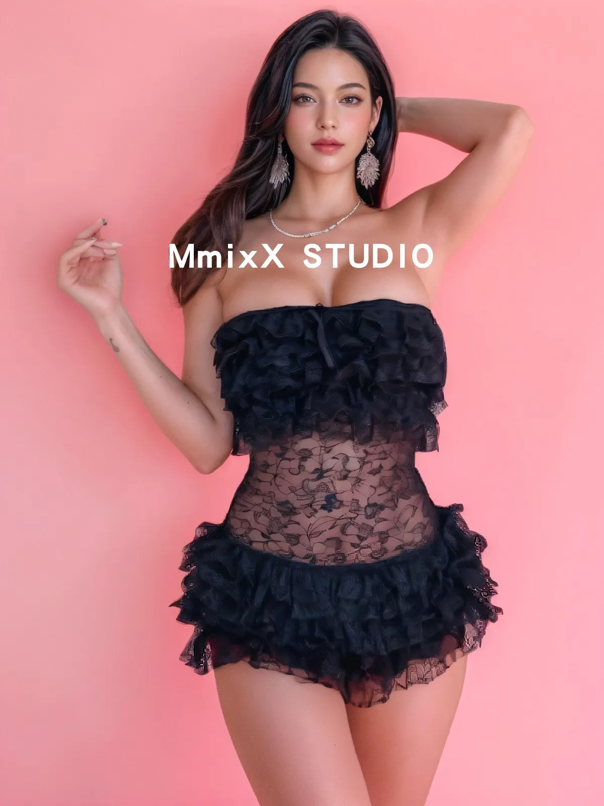 

Sweet Spicy Cute Sexy Bla Lace See-tough Tulle Me Embroidery Hem Layering Brtte Onesie Street Sle High Waist Five-...