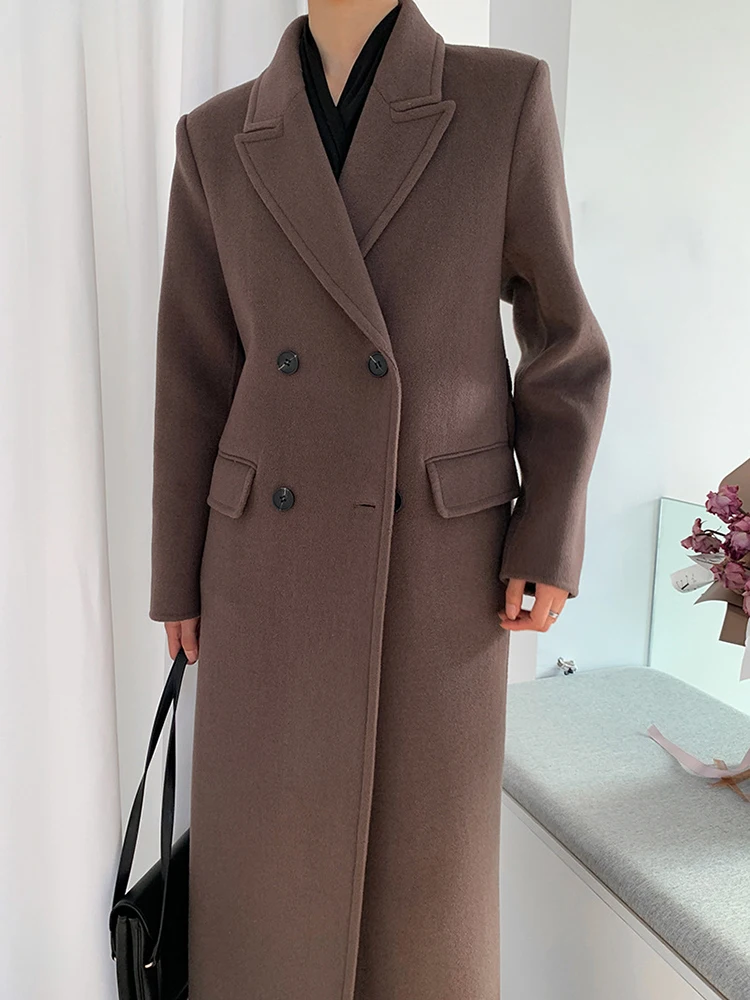 YERMORA Brown Thick Casual Reversible Woolen Coat For Women Lapel Long Sleeve Fashion Tide Belted Overcoat Autumn Winter 2024