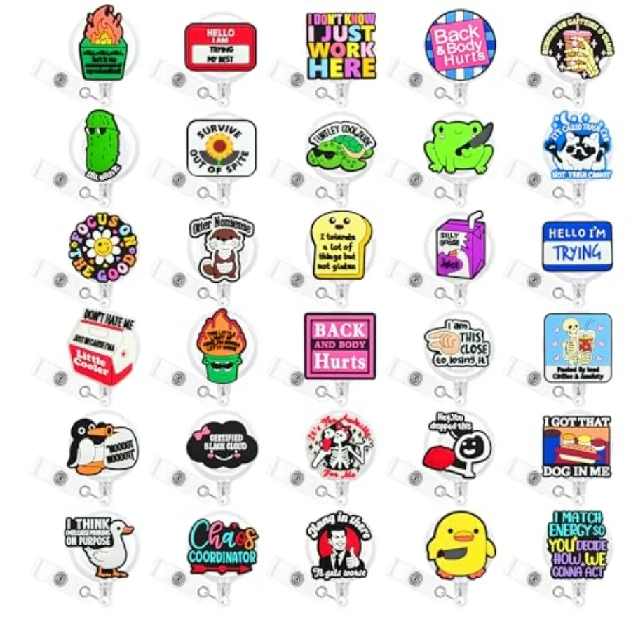 

30 Pack Funny Retractable Badge Reel Holder Fun Humorous PVC ID Badge Reels for Office Worker, Nurse, Teacher, Coworker Gifts O