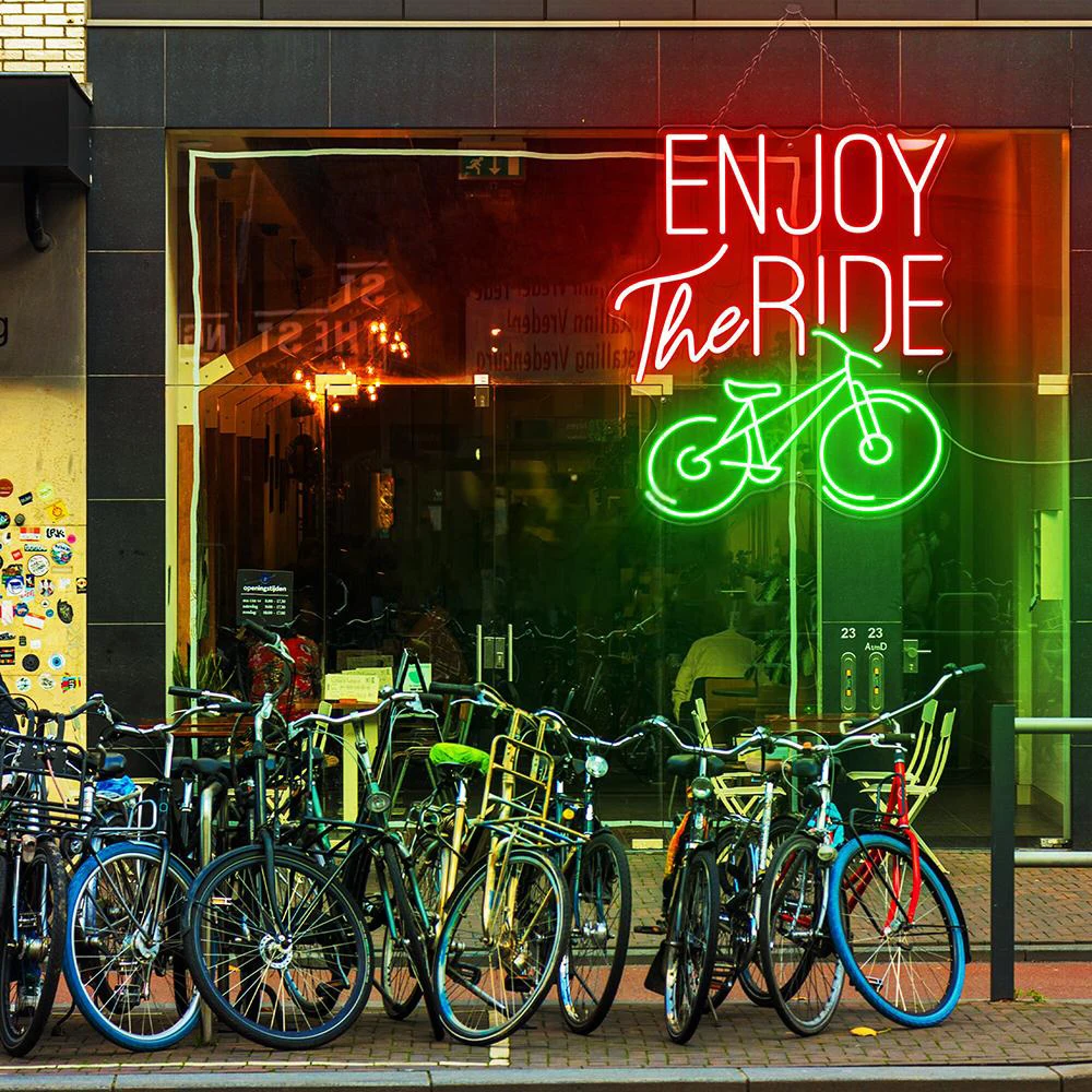 Enjoy The Ride Neon Sign Sport Neon Fitness LED Light Exercise Bike Custom Neon Sign Motivational Night Light Garage Wall Decor
