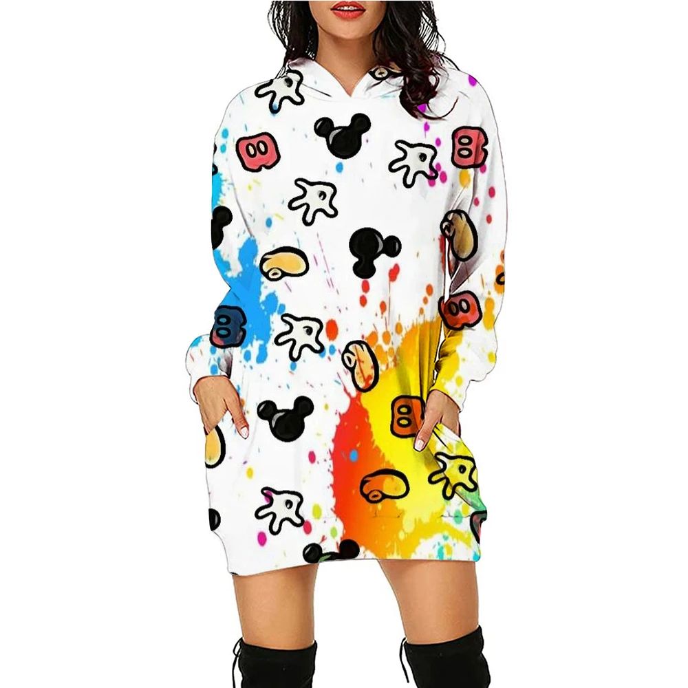 New Disney Series Mickey Mouse Minnie Hoodie Print Hooded Sweater Dress Casual Street Style Ladies Warm Sweater Dress