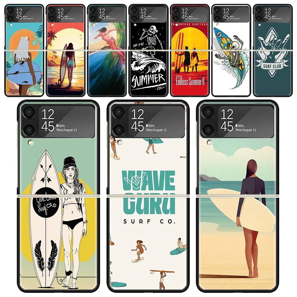 Surf Board Aesthetic For Samsung Galaxy Z Flip 6 5 4 3 5G Black Phone Case Flip6 Flip5 Flip4 Flip3 Cover Shockproof Hard Shell G