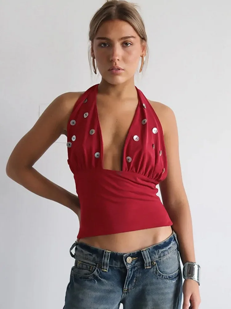 เสื้อกล้ามสายเดี่ยวผู้หญิง รุ่นซัมเมอร์ 2026 แบบเปิดหลัง คอ halter  ผ้าลูกไม้  เสื้อสายเดี่ยวแบบพื้นฐาน  ไม่มีแขน  เสื้อกล้ามผู้หญิงสำหรับฤดูร้อน