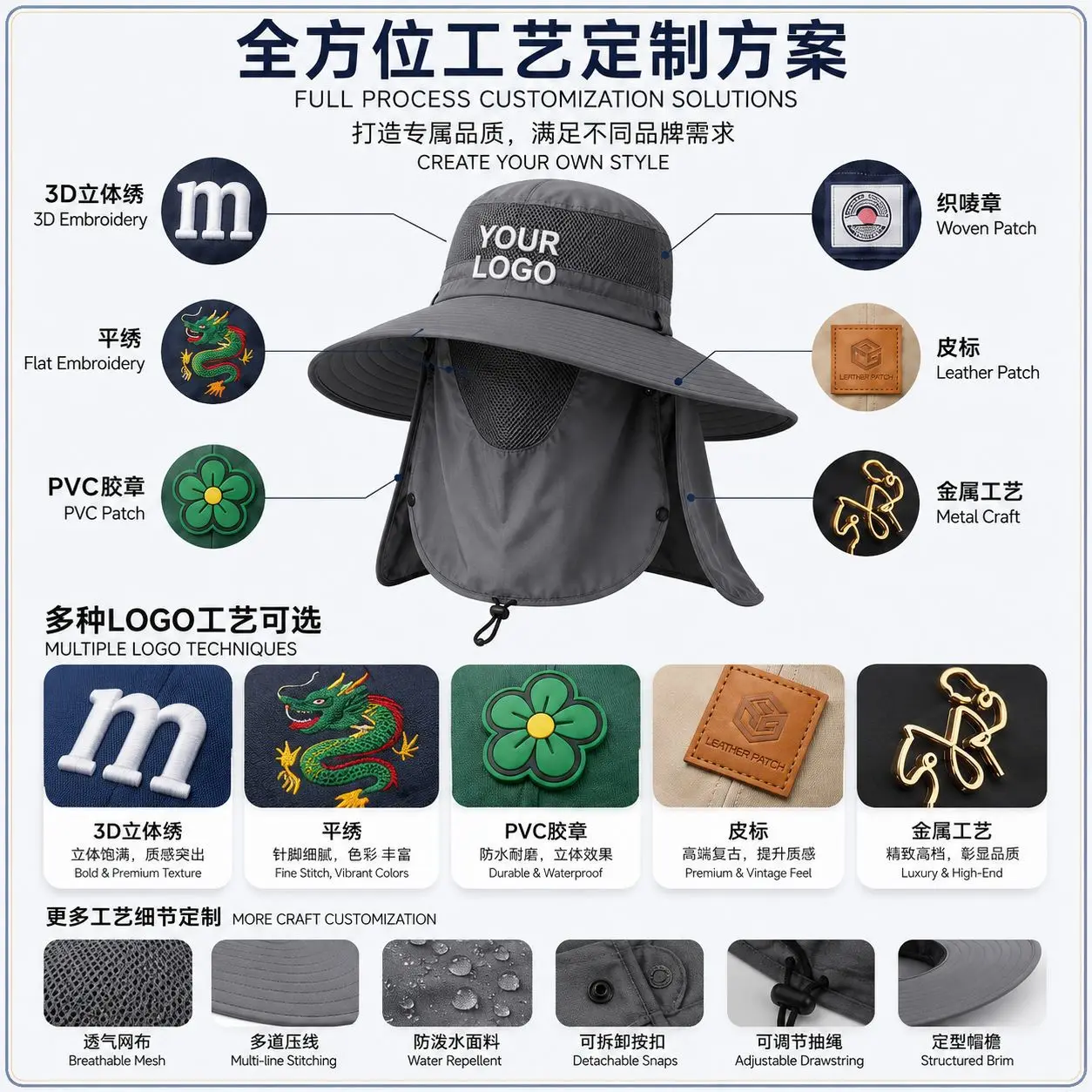 100% Cotton Wide Brim Uv Resistant Bucket Hat Breathable Mesh Detachable Neck Face Flap Adjustable Customizable For Outdoor Hiki