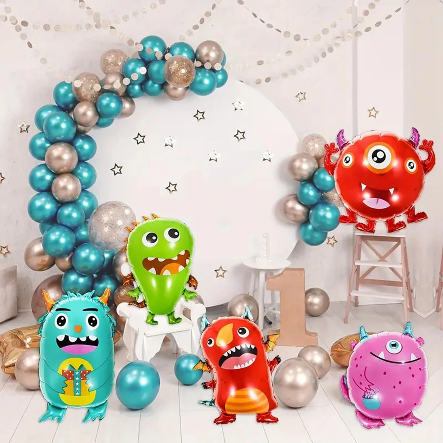 5 pieces, monster themed party aluminum foil balloons, cute monster aluminum balloons suitable for birthday parties