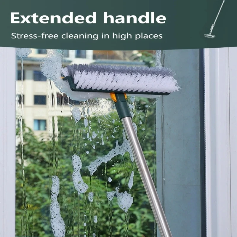 Rotating Floor Scrub Brush Long Handle Windows Squeegee Stiff Bristle Broom Mop 2In1 for Bathroom Kitchen Floor Crevice Cleaning