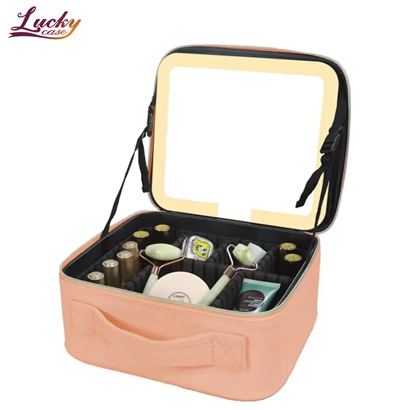 Peach Cosmetic Train Case with Light up Mirror Artist Organizer Bag with Adjustable Dividers Brush Holder Protective System