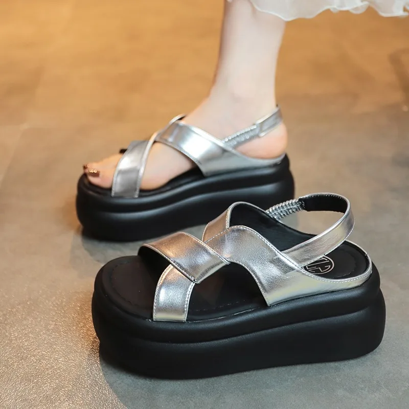 Women Leather Sandals 7CM Summer Shoes New 2024 High Platform Cross-strap Slides Fashion Casual Sandals Beach Chunky Slippers