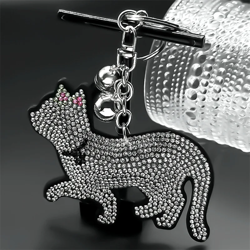 

Lovely Kitty Cat Key Chain For Women Men White Shine Crystal Black Tassels Ragdoll Female Bag Hanging Fashion Key Ring Jewelry