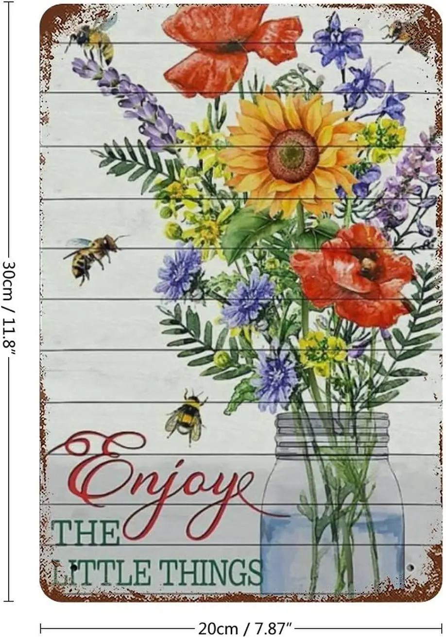 Enjoy The Little Things Bees and Mixed Flowers Floral Plant Antique Creative Tin Sign Vintage Wall Decor for Home Bathroom Garde