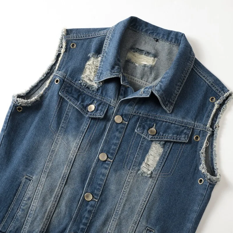 2025 New Men's Denim Vest Y2K Retro Fashion Trend Ripped Motorcycle Jacket Casual All-match Hip-hop Streetwear Men's Clothing