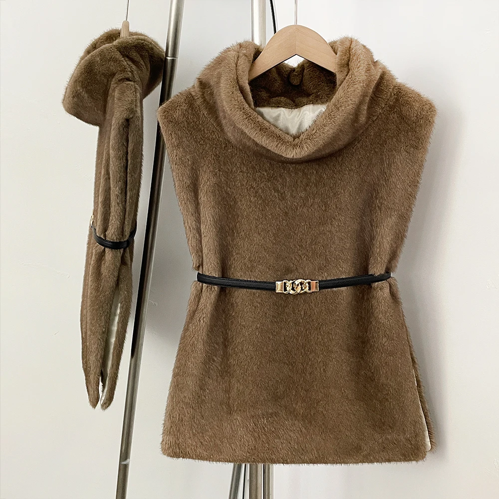 

Women's Faux Fur Coat Autumn Faux Fur Jacket Sleeveless Winter Clothes Women Warm Thick Belt Fur Coat Artificial Female Sashes