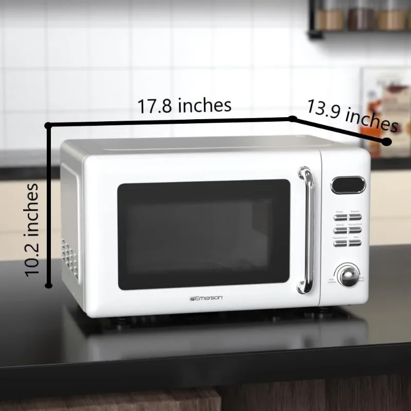 Compact countertop microwave with push button controls, LED display, 5 power levels, glass turntable and child safety lock
