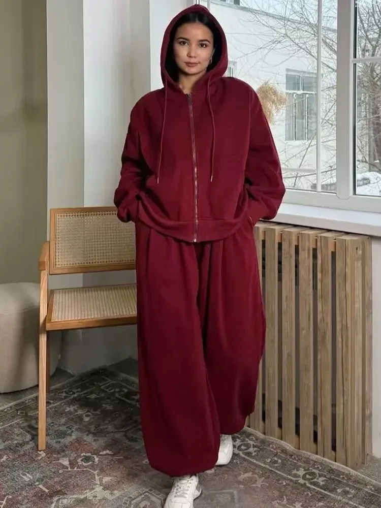 المرأة عارضة سستة عرق Conjuntos الكورية الأزياء الفضفاضة مقنعين فرقة فضفاضة مرونة مستقيم السراويل الرياضية 2 قطعة مجموعة #3