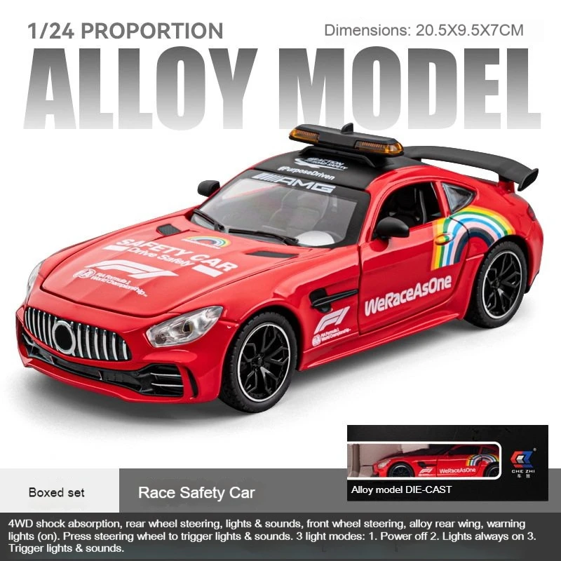 1:24 Mercedes Benz GTR AMG Veiligheidsauto Legering Supercar Diecast Model Geluid en licht Trek speelgoed Trendy ornament Cadeau voor kinderen