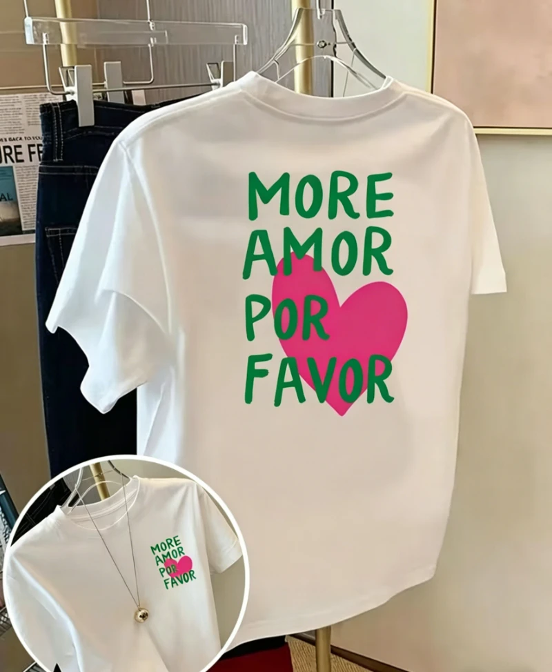 More Amor Por Favor Print T-shirt Bold Spanish Quote & Heart Graphic Short Sleeve Tops Spring Summer Daily Casual Couple Tee