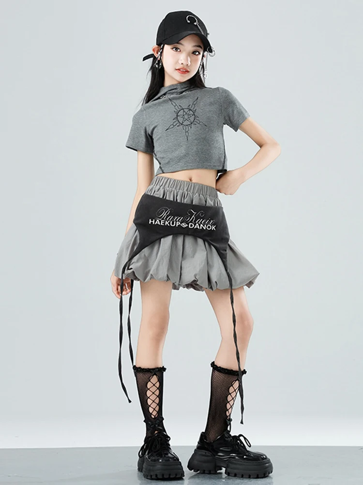 Meninas rua jazz dança traje hip hop outfit crianças desempenho roupas cinza colheita topos saia crianças streetwear xh2681