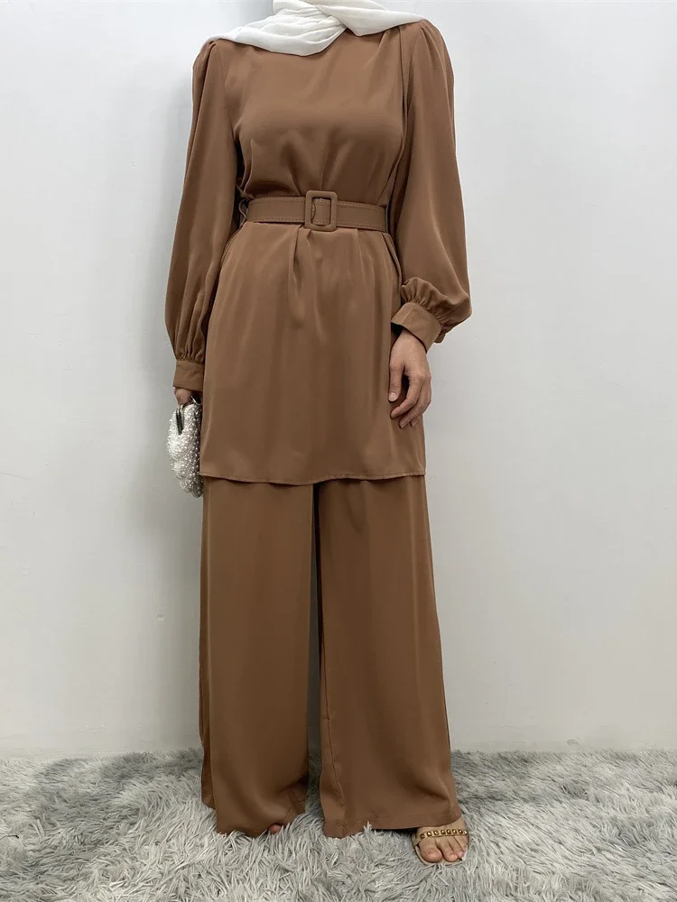 Eid Ramadan Women Muslim Suit Two Piece Sets Tracksuit Belt Islamic Musulman Ensemble Long Sleeve Blouse Wide Leg Pant Suits