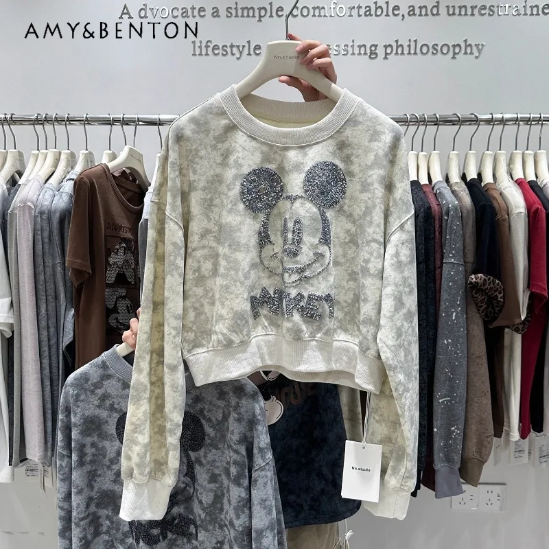 Heavy Industry Tie-Dye Embroidery Cartoon O-Neck Short Sweatshirt Women's Autumn Loose Age-Reducing High-Waist Design Hoodies