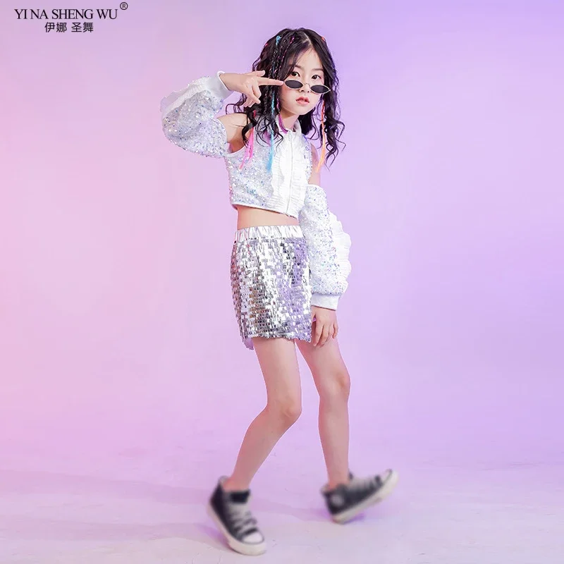 เด็กHip-Hop Jazz Danceเครื่องแต่งกายสําหรับสาวแฟชั่นบุคลิกภาพชุดเลื่อมสีขาวStreet Dance Top + กางเกงขาสั้น