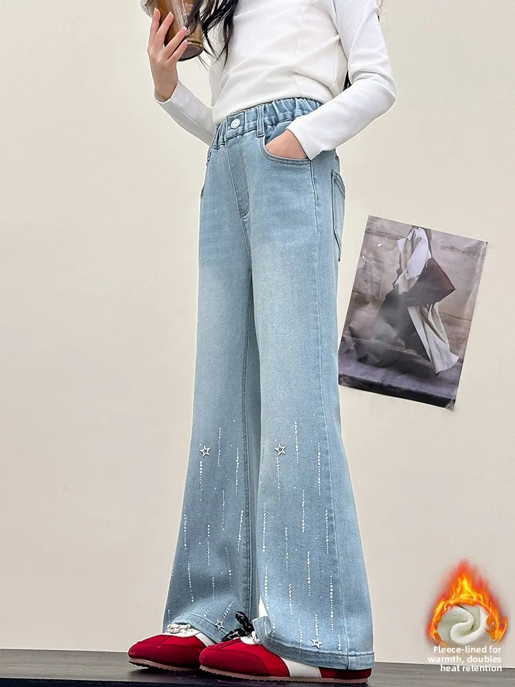 

Girls Fce Lined Denim Jeans Winter Warm Glowing Meteor Flared Pants Non Stretch l Waist Jeans Star Pattern