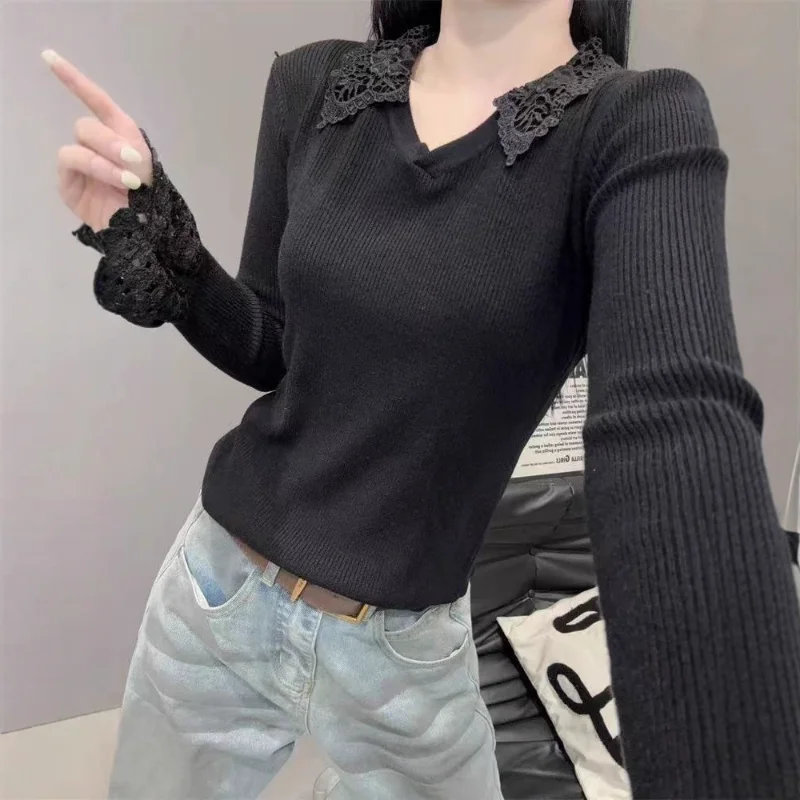 

Lace Trim Lapel Autumn Winter New Arrival Knitwear Long Sleeve Womens Unique Elegant Slim Fit Inner Wear V Neck Base Layer Top