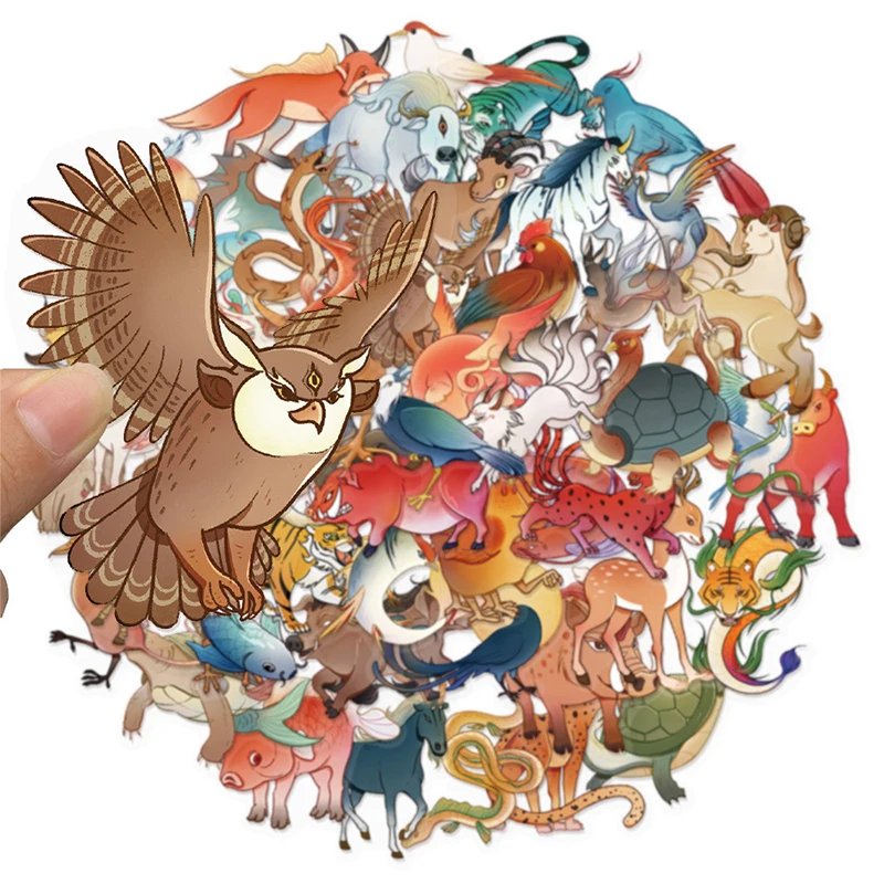 50PCS Vintage Chinese Mythical Animals Stickers Fantasy Monster Decals for Scrapbooking Journaling Laptops Decoration