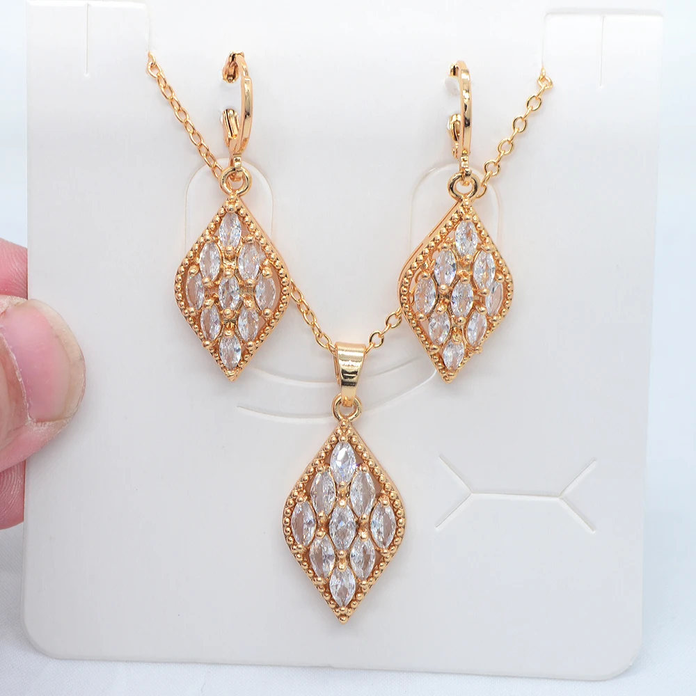 Fashion Gold Color Women Clear Cubic Zirconia Lozenge Design Party Jewelry Set