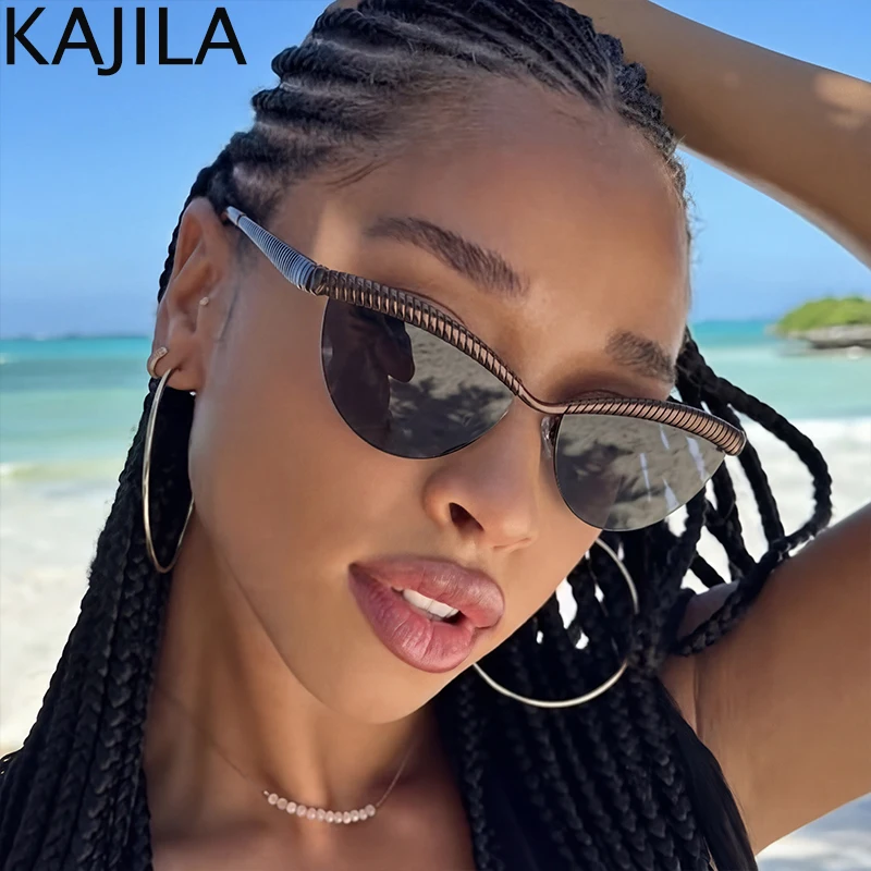 

2026 Vintage Cat Eye Punk Sunglasses Women Unique Textured Semi-Rimless Retro Sun Glasses Female Fashion Tea Lens Eyewear Shades