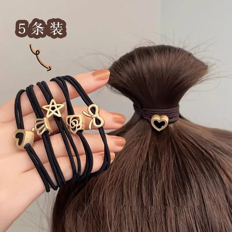 5PFashion Alloy Heart Flower Pentagram Ornament Elastic Hair Bands Basic Black Brown Thin Rubber Bands High Elasticity Hair Ties