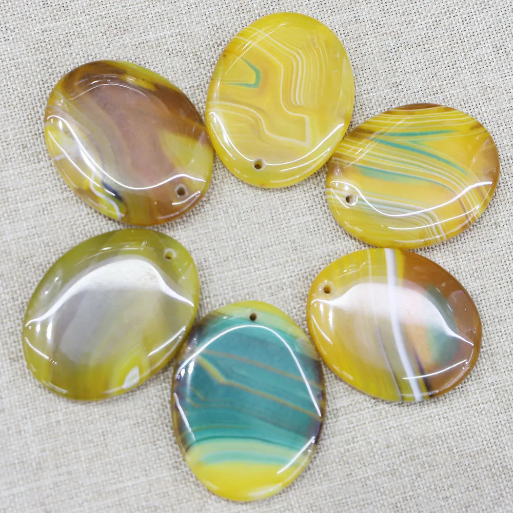 

Free Shipping Natural Oval Yellow Stripe Agate Punched Pendant Earring Necklace Making Materials DIY Jewelry Accessories 7Pc/Lot