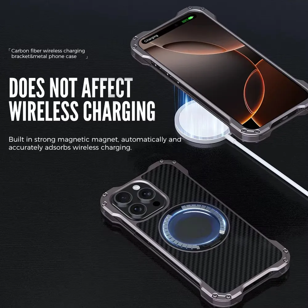 

Metal Protection Phone Case for iPhone 13 14 15 16 Pro Max 360 Rotating Magnetic Ring Heavy Duty Carbon fiber Wireless Charging