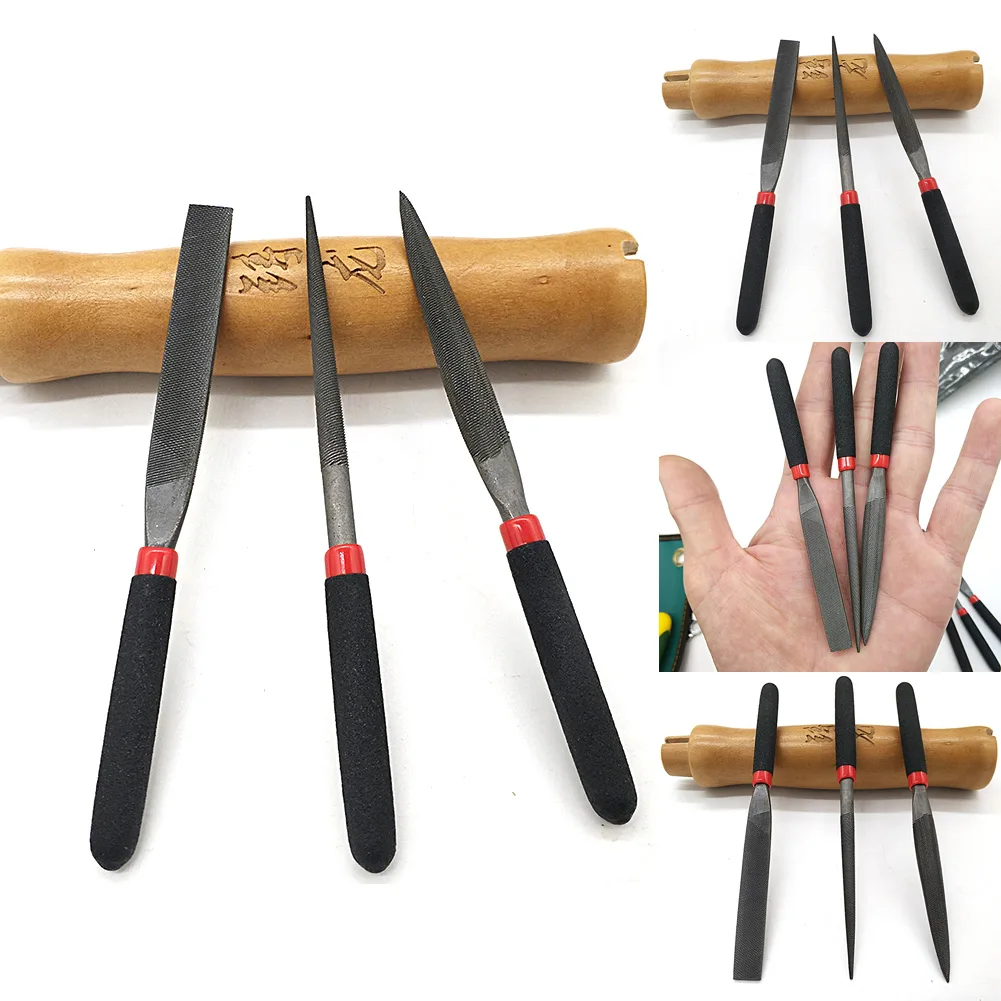 3-Pack Needle Files 118mm Steel Hand Tool Set Flat Round Half Round Shapes For Glass Stone Metal Gold Tile-Carving Model Making