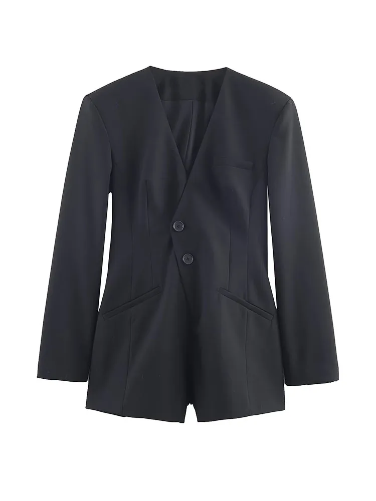 HH امرأة الموضة قصيرة السترة بذلة المرأة السوداء مثير الخامس الرقبة طويلة الأكمام جيب أزرار الديكور بذلة الشارع عادية