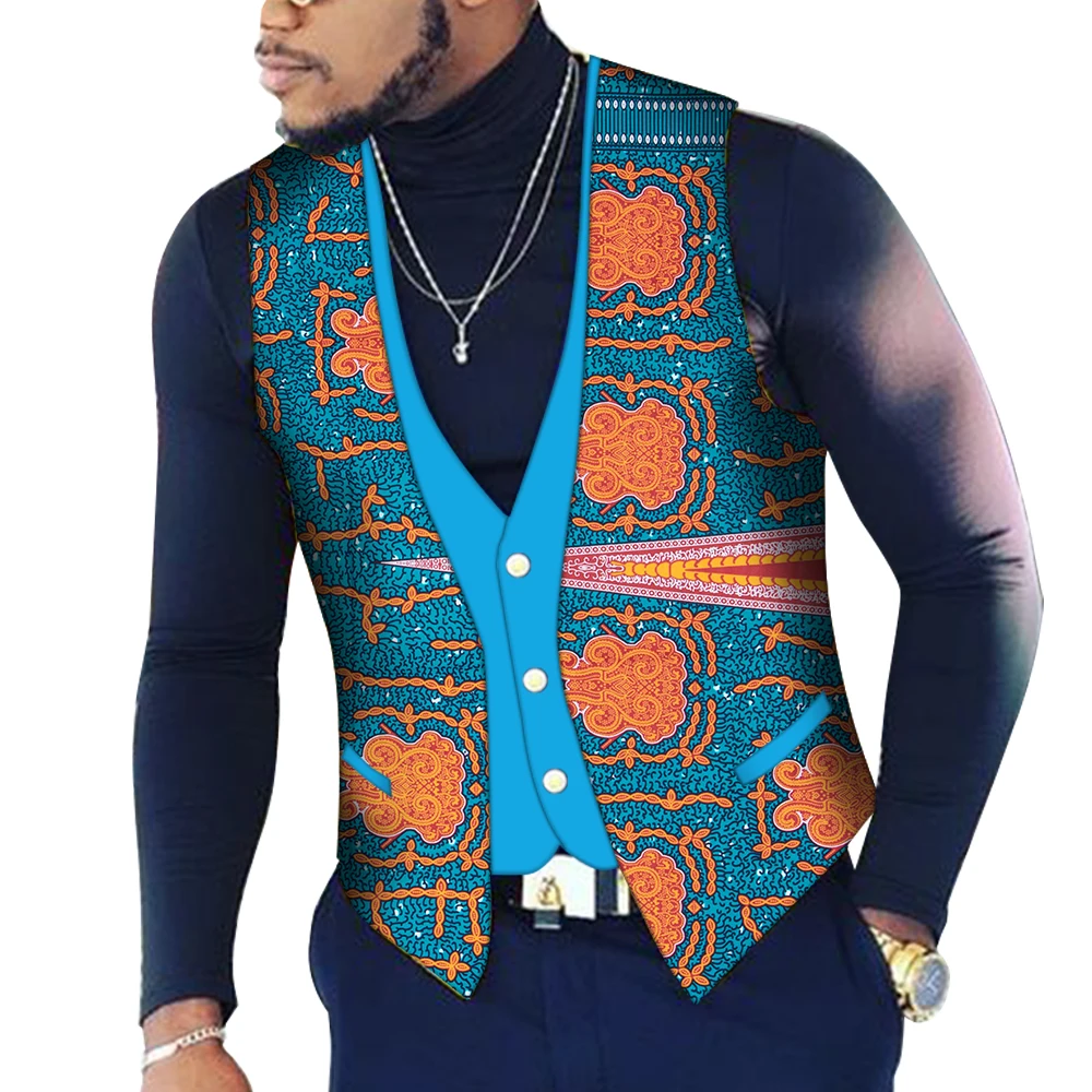 Personalizado masculino superior vestuário bazin riche retalhos impressão colete superior 100% algodão dashiki tradicional africano roupas wyn107