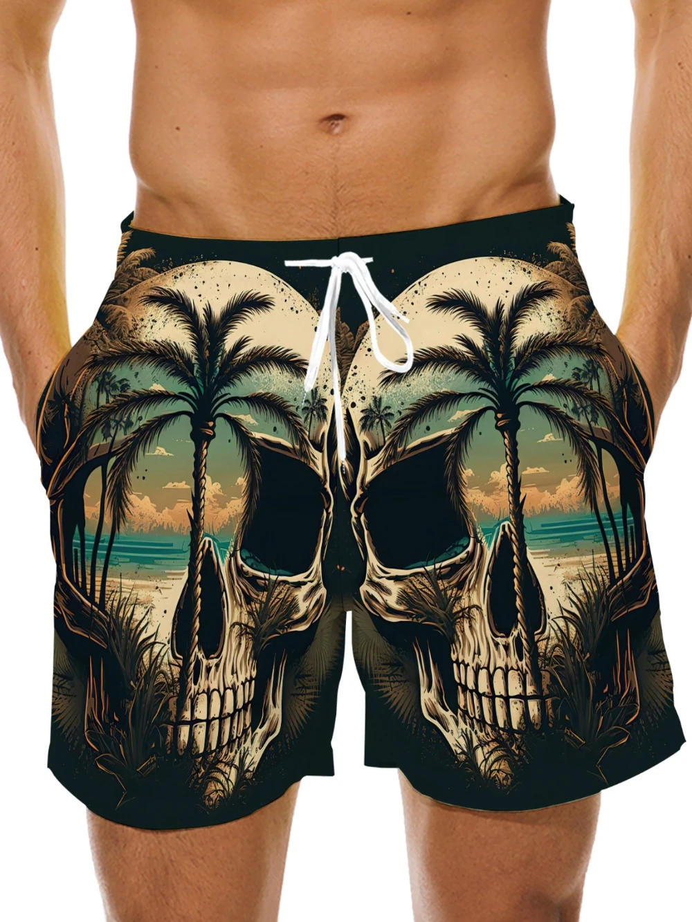

Мужские летние повседневные шорты с тропическим принтом черепа и пальмы, быстросохнущие дышащие купальники для пляжного отдыха
