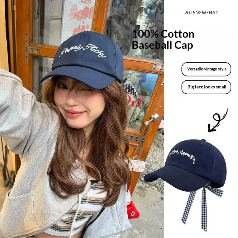 1Pcs Plaid Bow Strap Baseball Cap Versatile Letter Embroidered Hip Hop Hat Retro Design Japanese Style Sun Hat