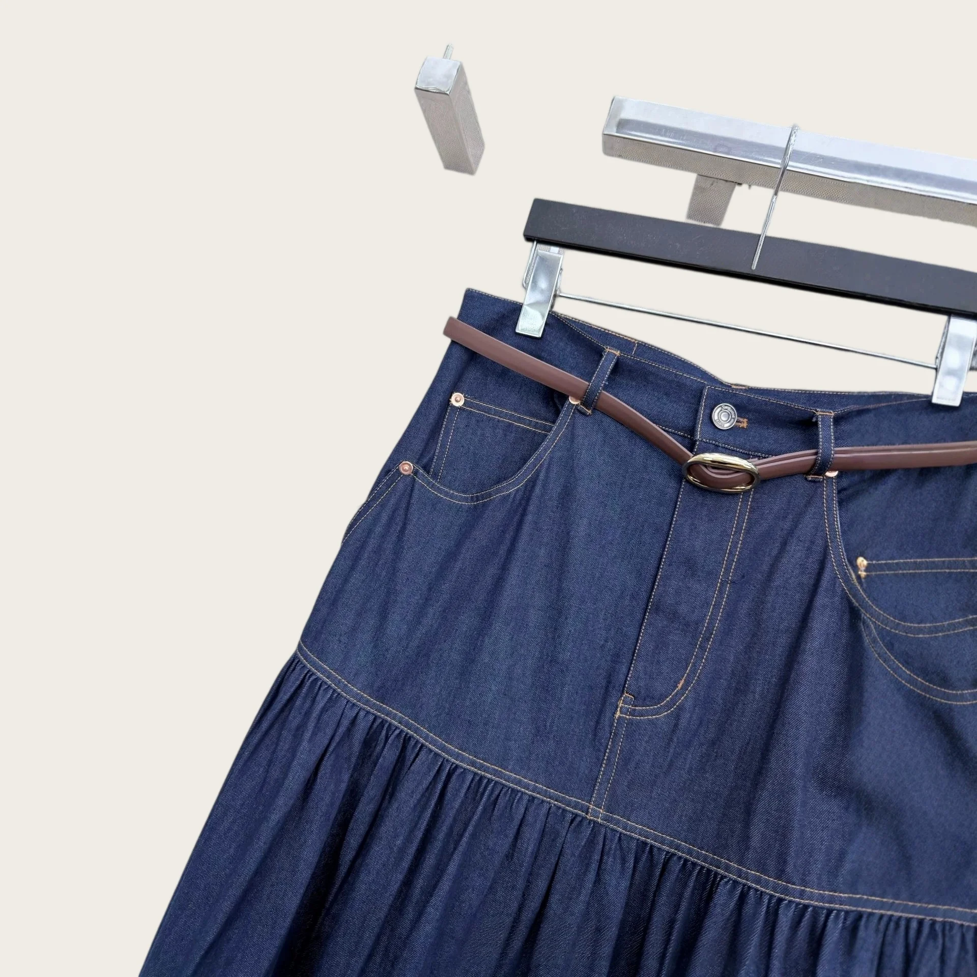 Dark Denim Tiered Midi Skirt With Belt Women Casual A-Line Long Skirt