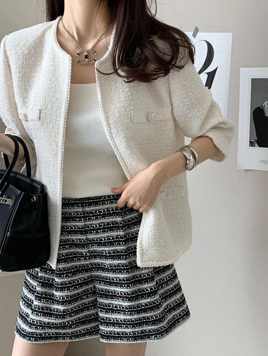 Chic Summer Elegance Fragrant Round Neck Loose Thick Tweed Cardigan Short Coat Women Jackets