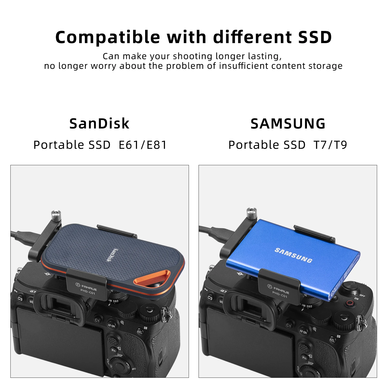 FANAUE SSD Holder Clamp with Cold Shoe Adjustable Width 52mm-70mm for SanDisk SSDE61/E81 and Samsung SSDT7/T9 for Camera