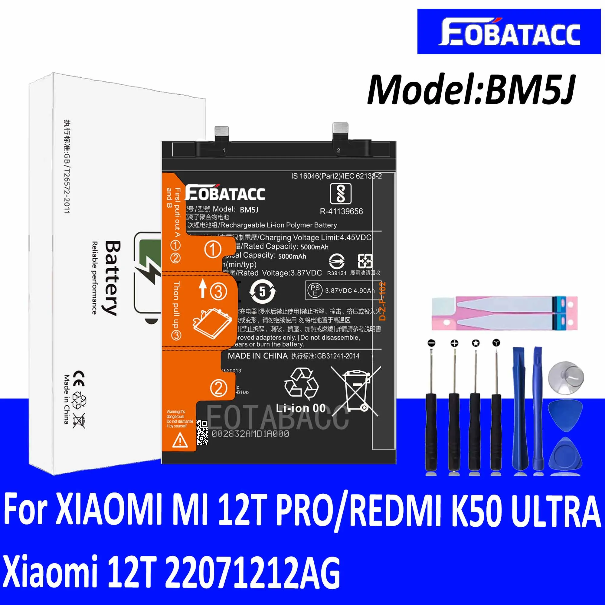 

EOTABACC 100% New Original Battery BM5J For XIAOMI MI 12T PRO/REDMI K50 ULTRA/Xiaomi 12T 22071212AG Battery +Tools