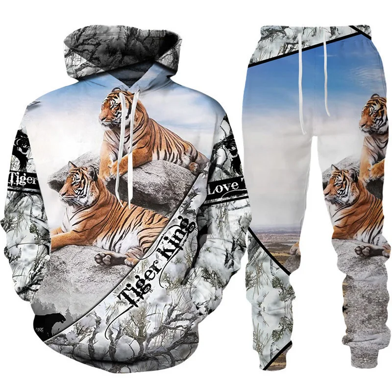 Cool Flame Tiger Print Hoodie 2 Pcs Outfits 3D Men/Women Hooded Sweatshirt Pant Sets Summer Autumn Outdoor Sports Pullover Suits