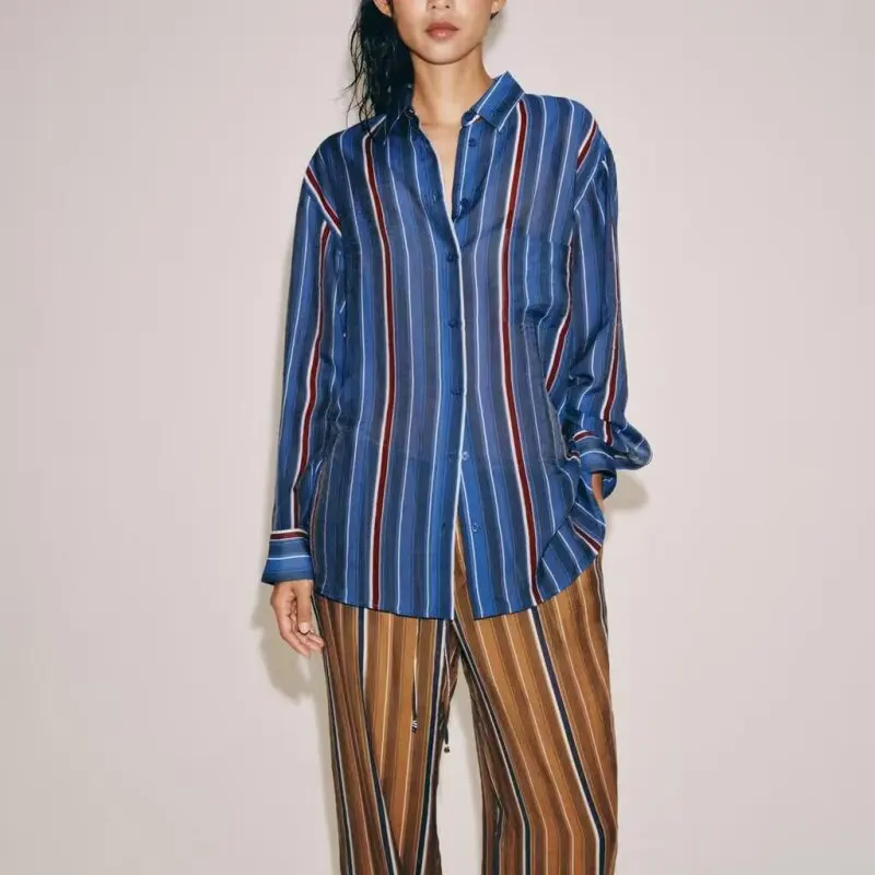 SuperAen 2026 Spring and Summer New Stripe Shirt Loose Long-sleeved Shirt Simple Casual Tops